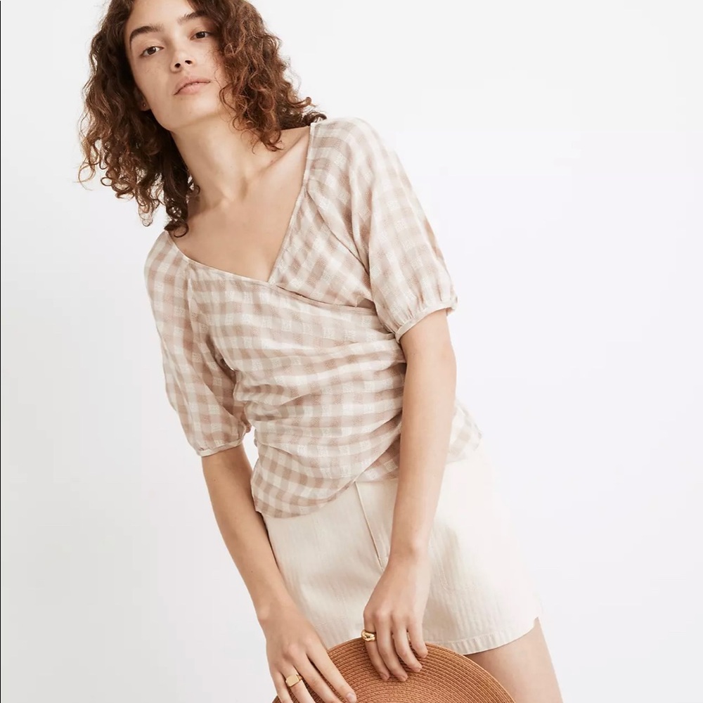 Madewell Wrap Top in Neutral Gingham Check